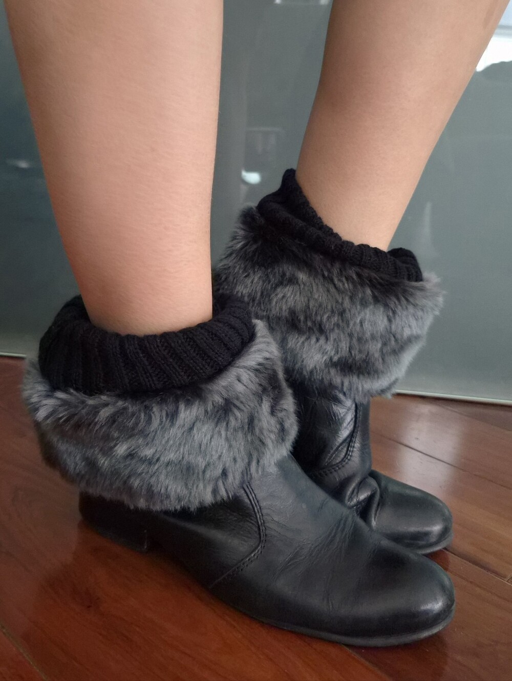 Faux Fur Trim Knit Boot Cuffs - Black & Charcoal Gray
